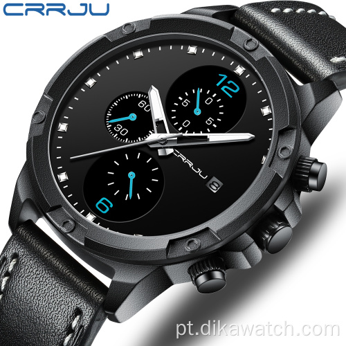 CRRJU 2142 Relógio Esportivo de Luxo com Três Pequenos Mostradores Cronógrafos Cronômetro Calendário Casual Couro Impermeável Relógio Homem Pulso